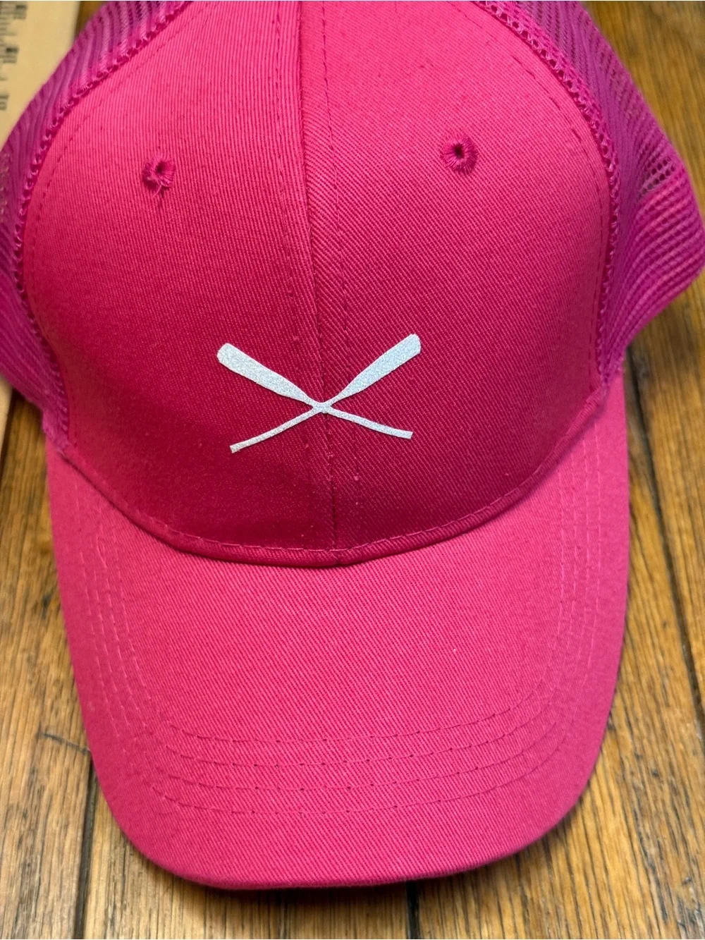 Bright Pink Trucker Hat with White Oars and pony tail hole